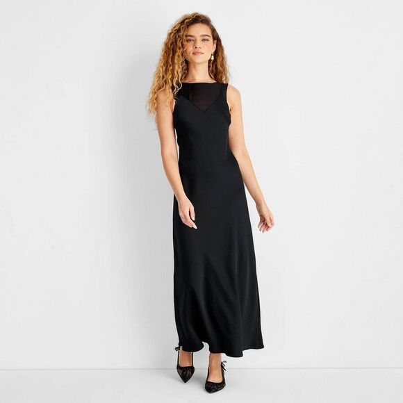 Future Collective Dresses & Skirts - Future Collective - Women's Sleeveless Mixed Media Ankle Slip Dress -  Black